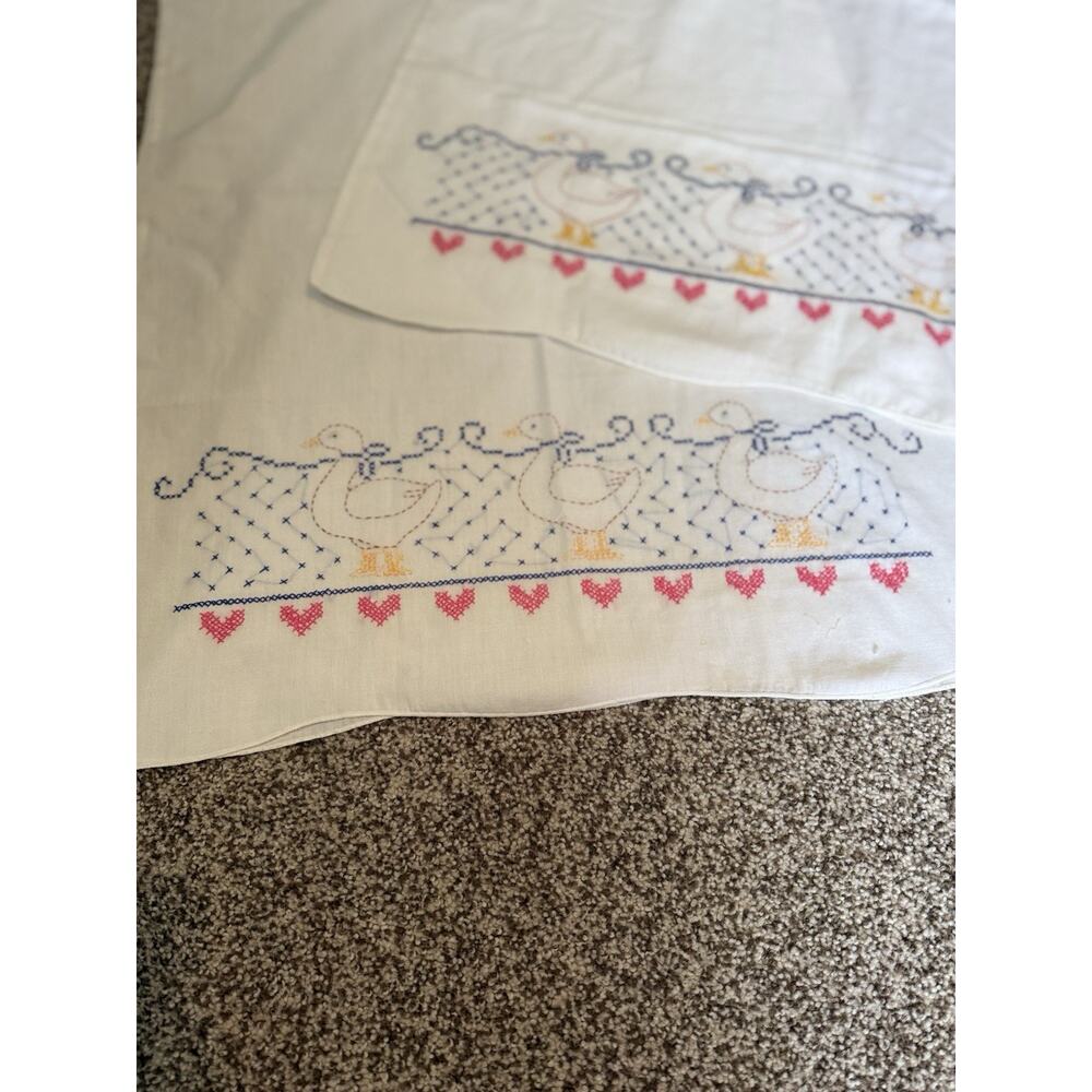 Embroidered Duck Accent Pillow Cases | Vintage Linens Set Of 2 Cottagecore Farm
